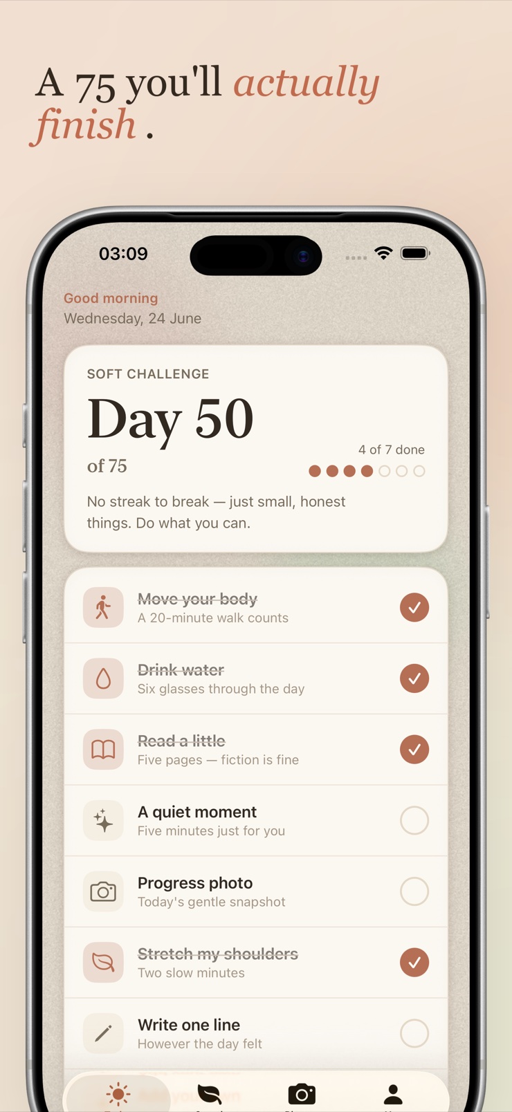 Honest 75 app today screen with the five 75 Soft daily tasks and progress ring