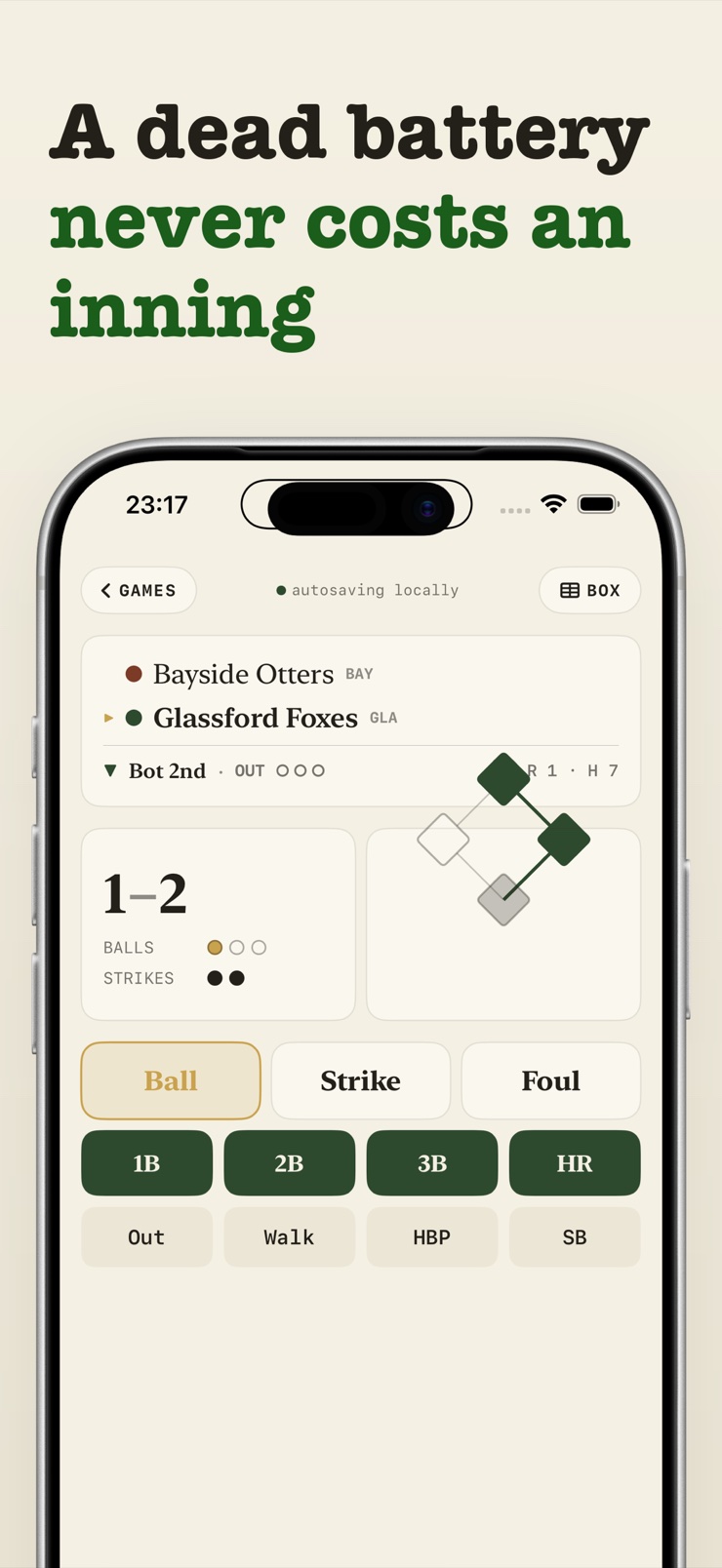Pitch-by-pitch scoring screen of the Inkpitch baseball scorebook app