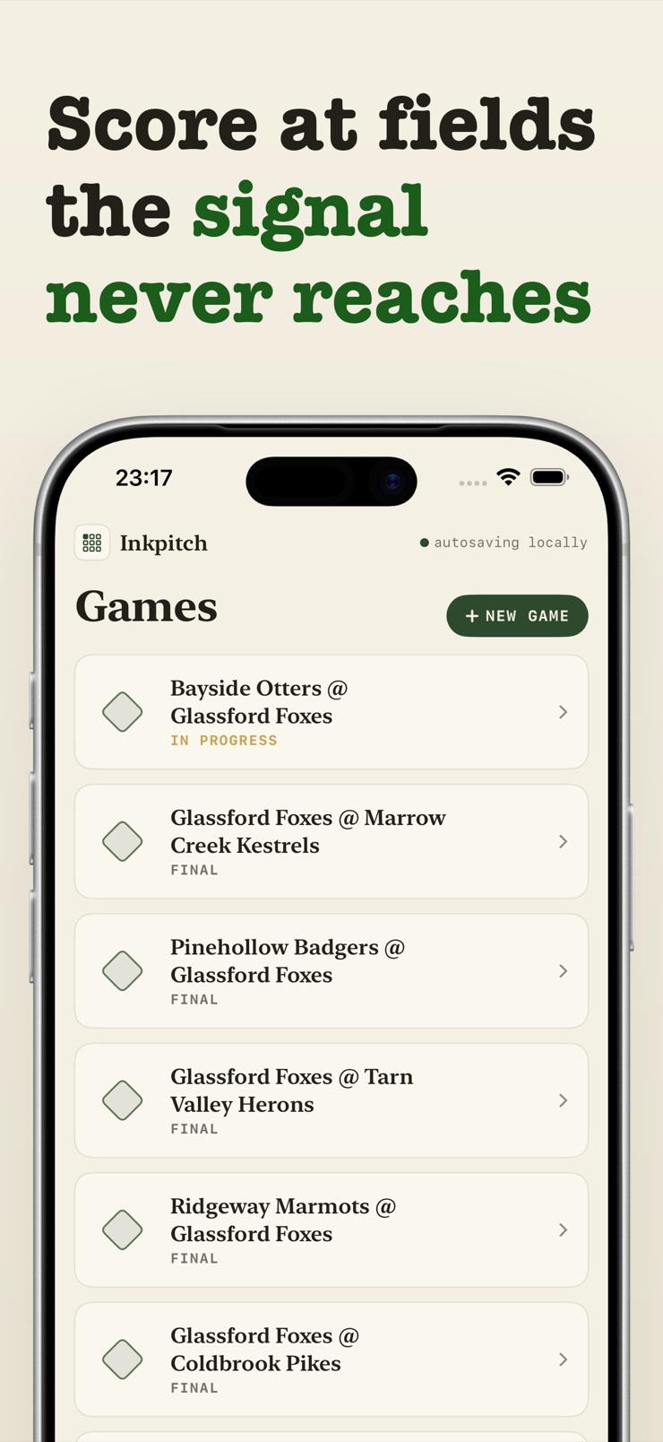 List of scored games kept fully offline at the ballfield