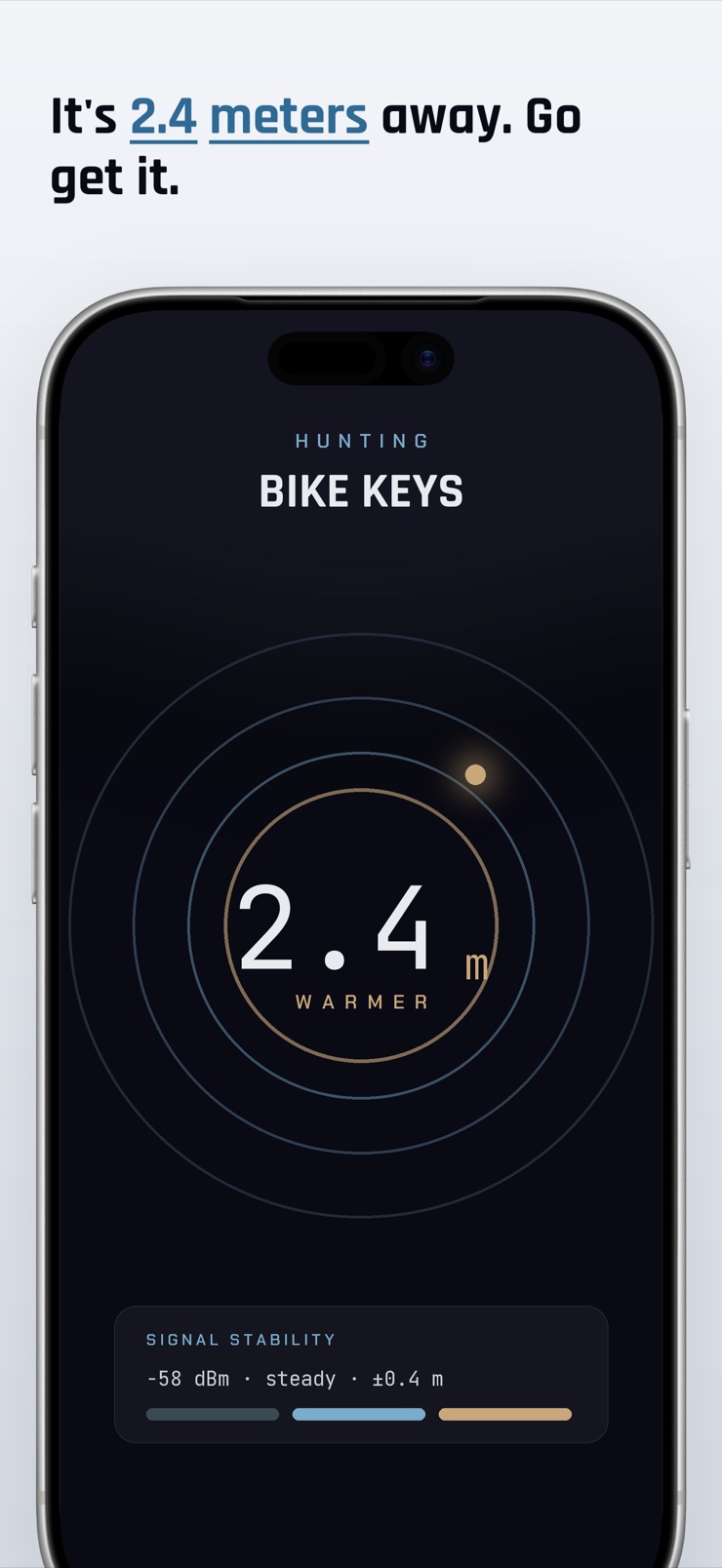 Trackdown Bluetooth finder radar showing a device 2.4 meters away with a warmer signal trend