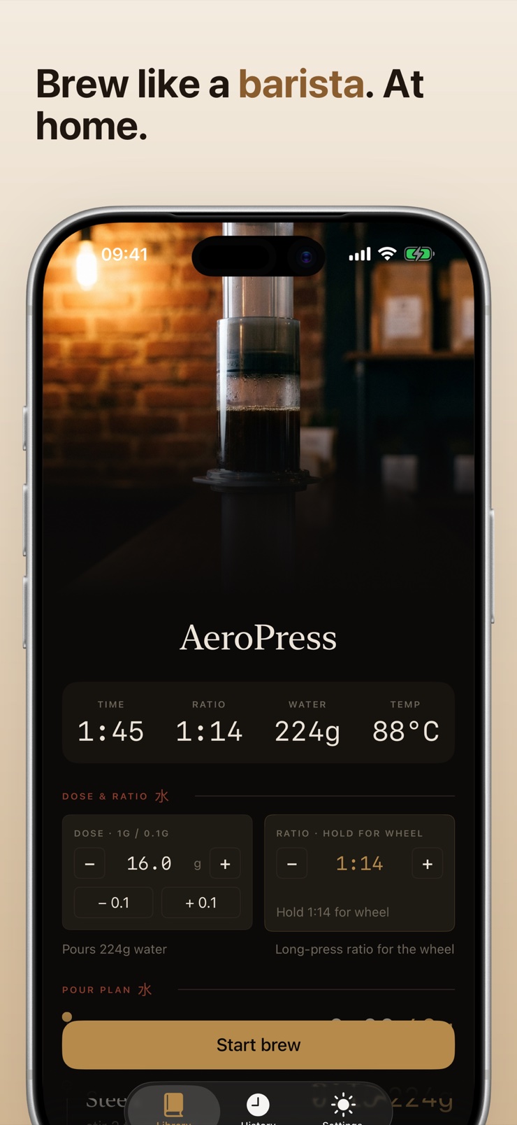 AeroPress brewing scene in the Brew Coach coffee timer app