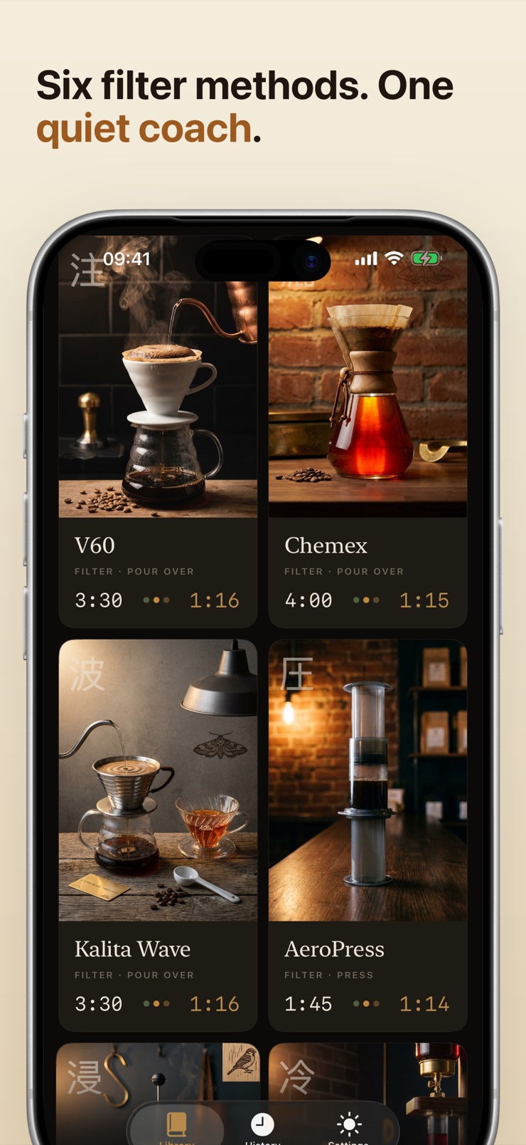 Library of six filter methods including Chemex, Kalita, and cold brew