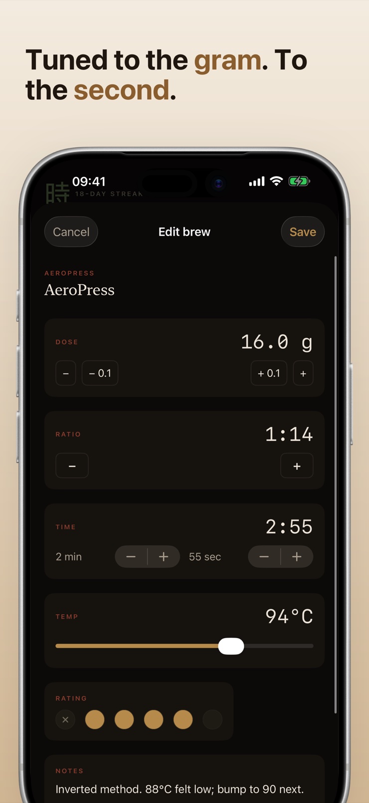 Editing dose, ratio, time, and temperature for a coffee recipe