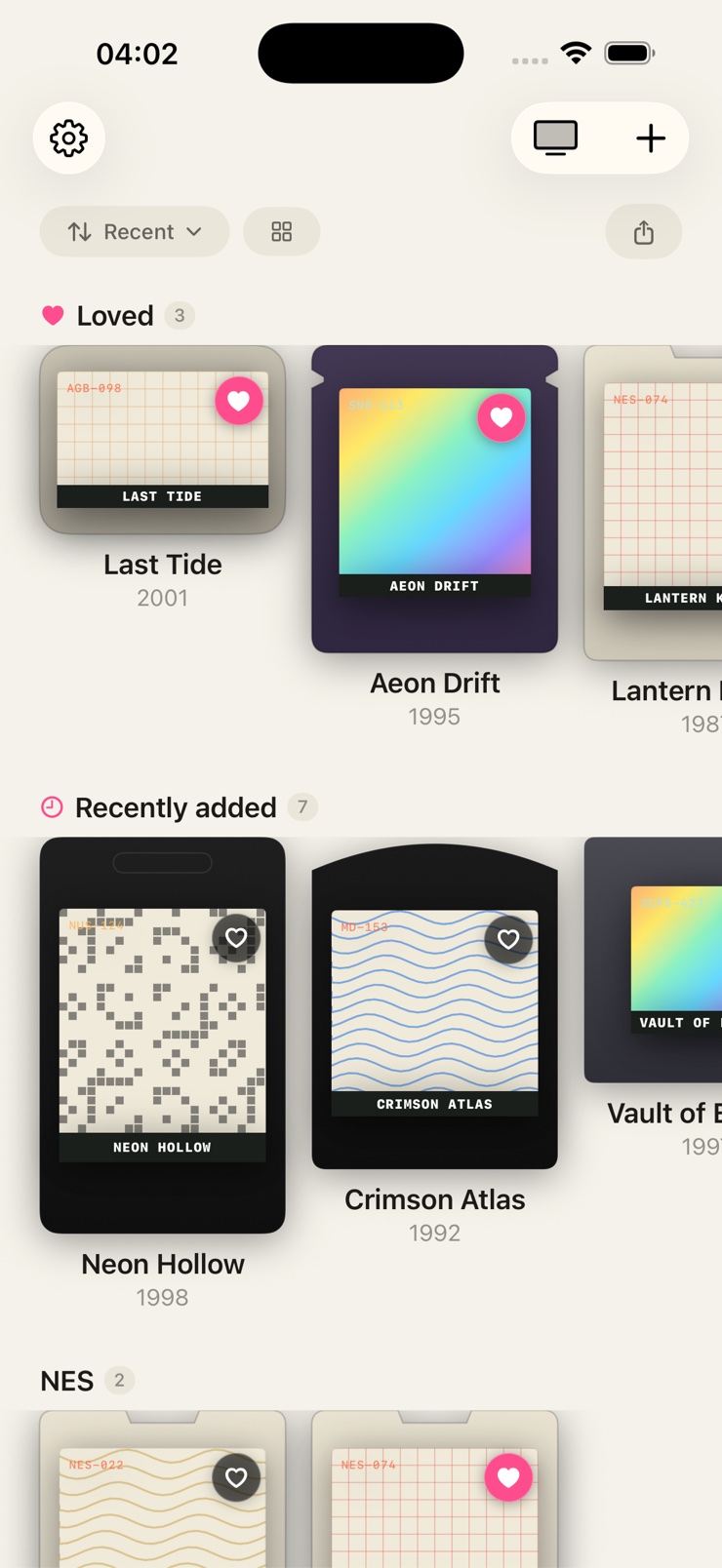 Video game collection tracker shelf with retro cartridges rendered in 3D on iPhone