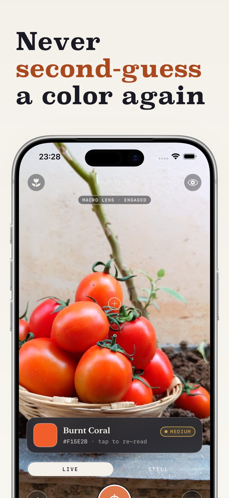 Pointing the iPhone camera at an object to identify its color with HueLens
