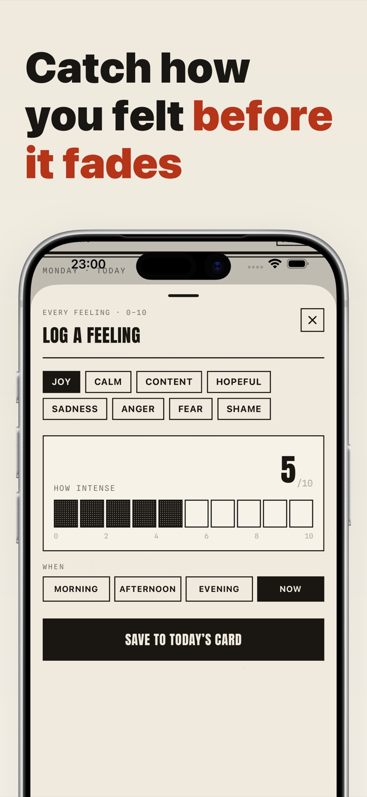 Tidecard mood journal with 0 to 10 feeling ratings