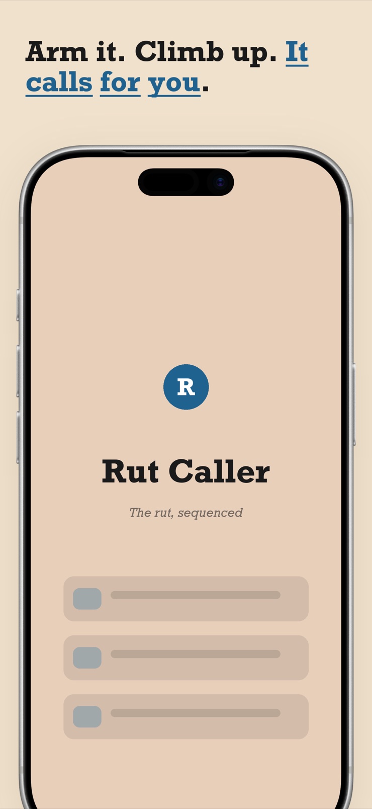 Rut Caller armed sequence screen with woodcut buck emblem and next-call countdown