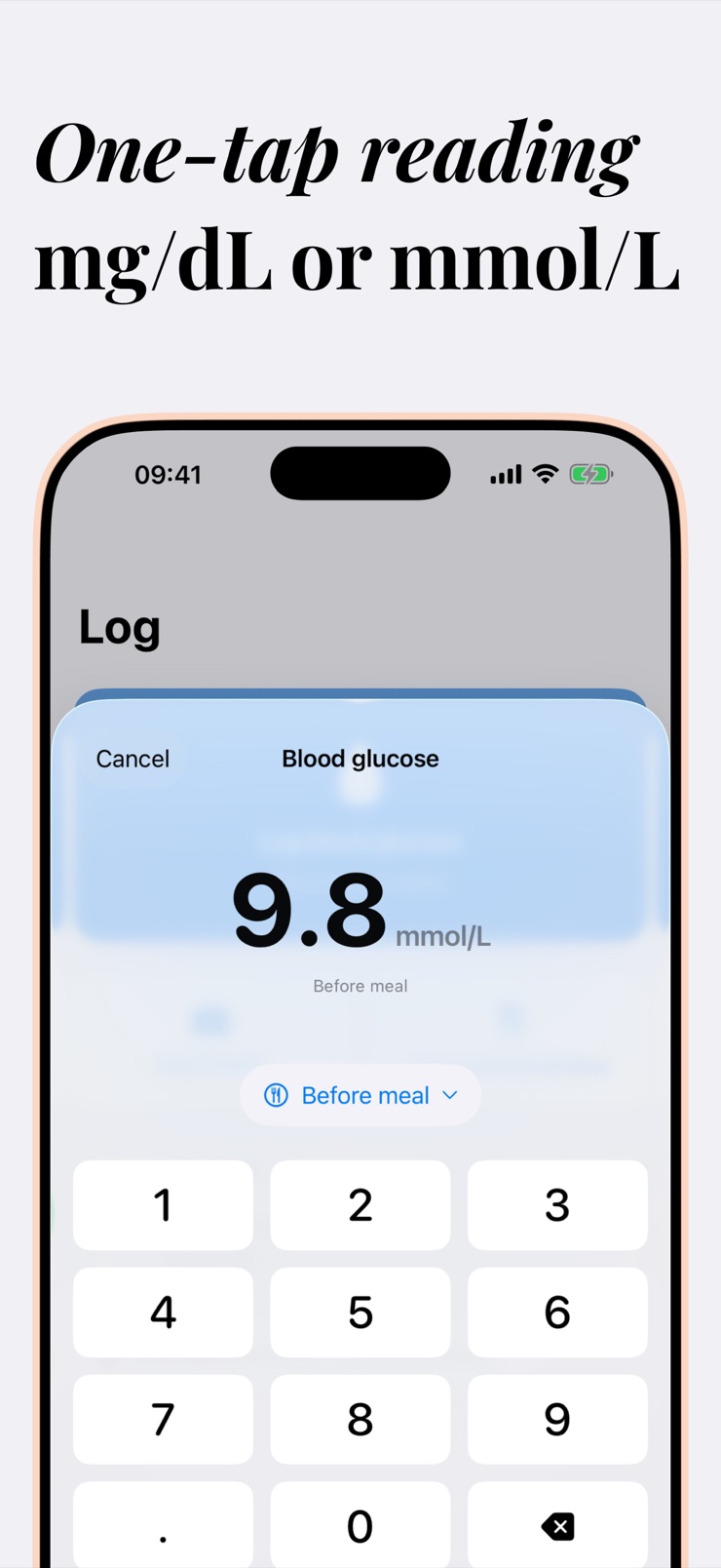 Fast glucose, insulin, and carb logging with big buttons