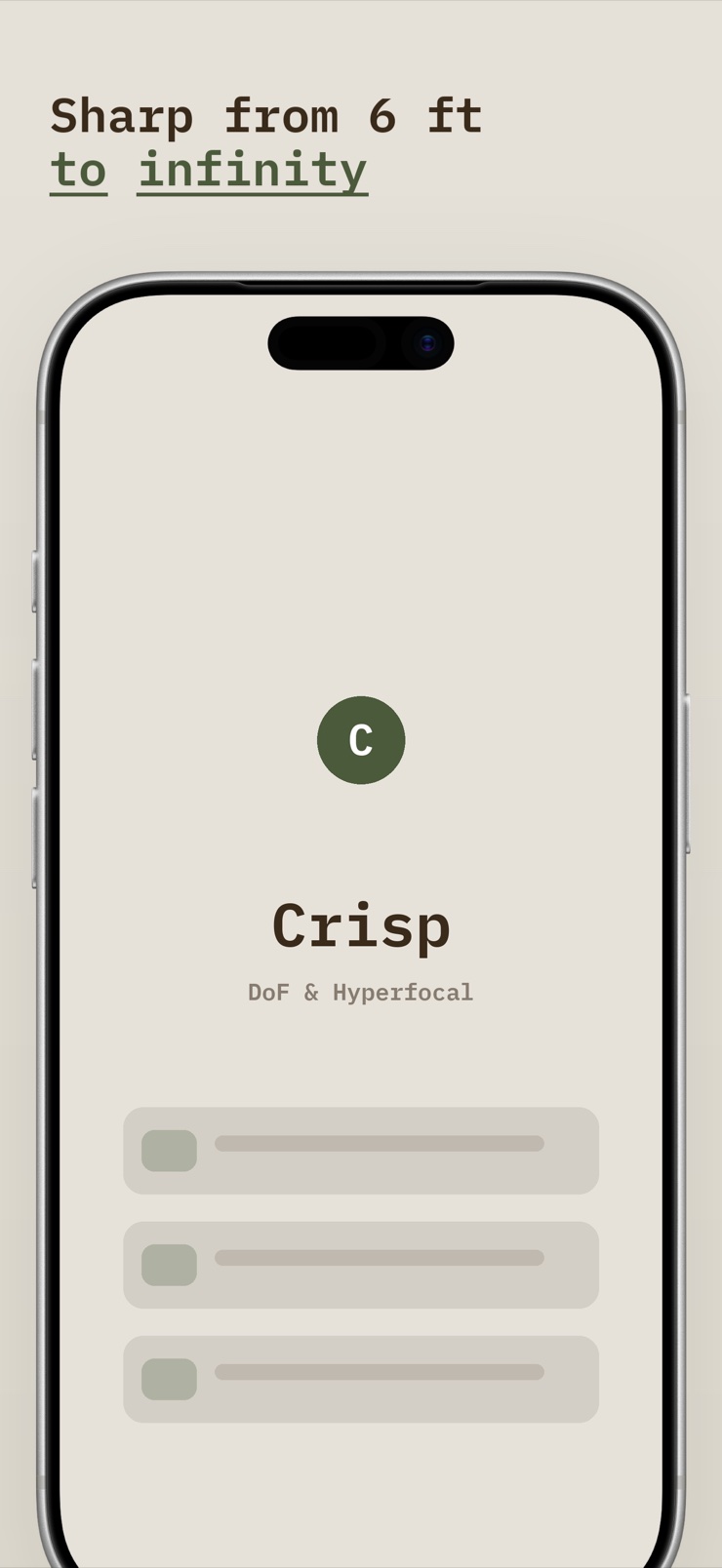 Crisp live depth of field scale with sharp zone band and readouts