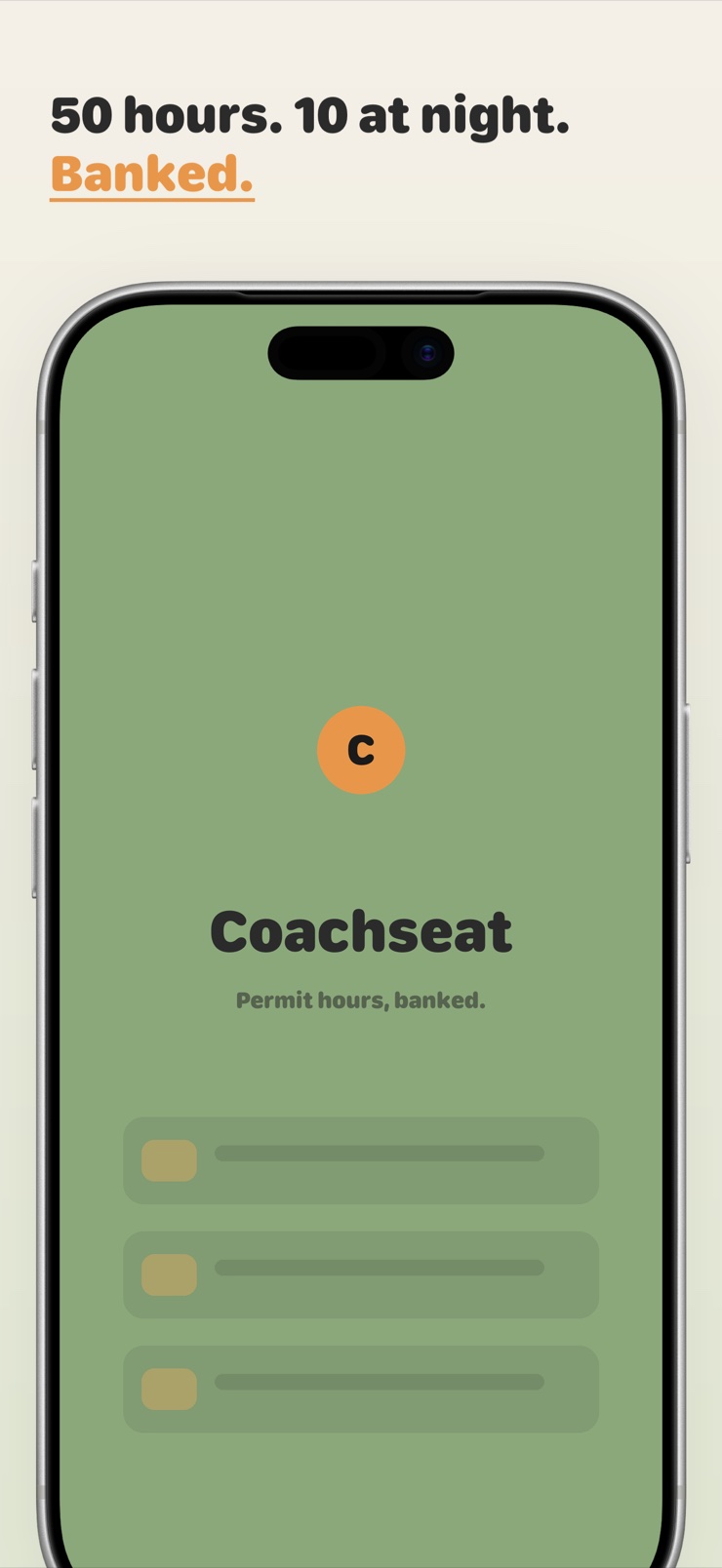Coachseat home screen showing banked supervised driving hours and progress toward the state goal