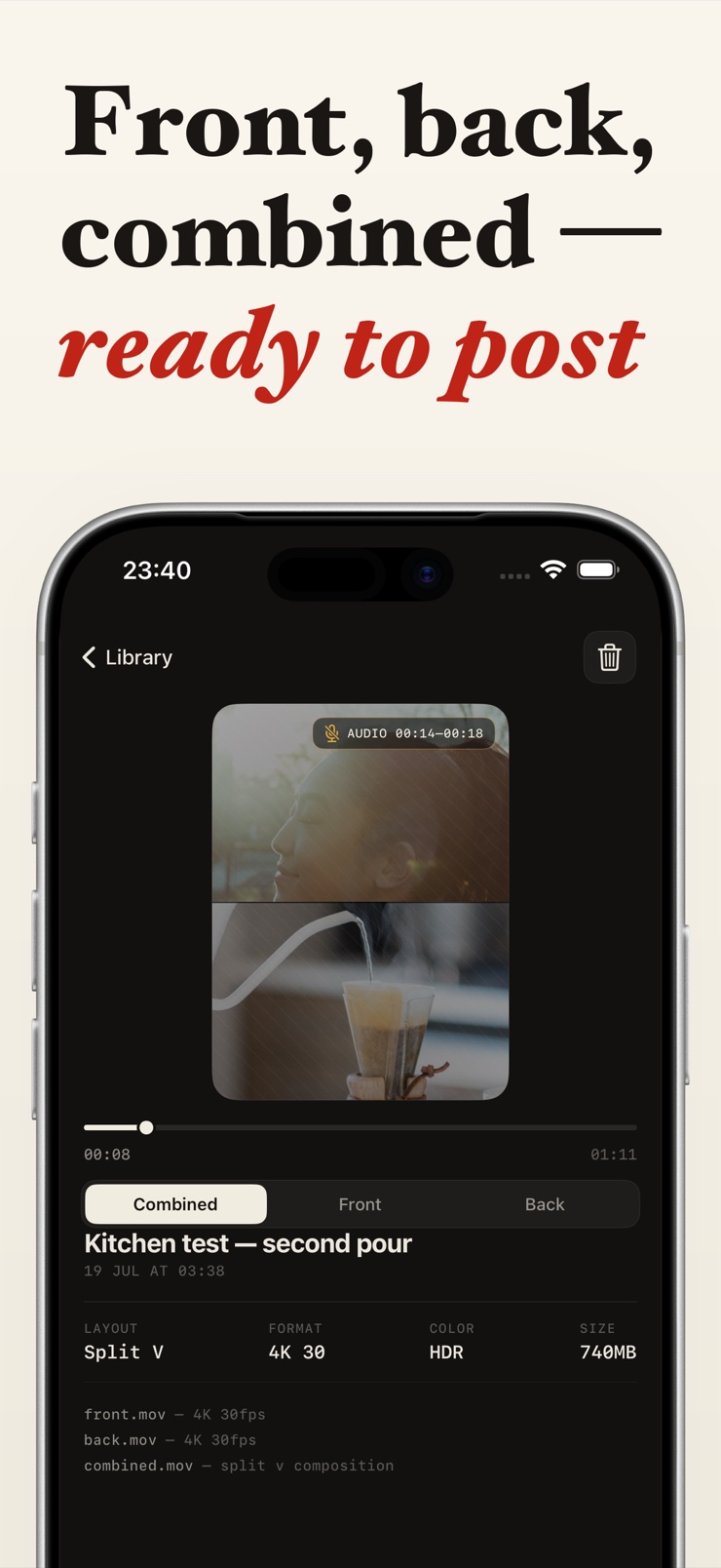 Exporting front, back, and combined dual camera files with no watermark