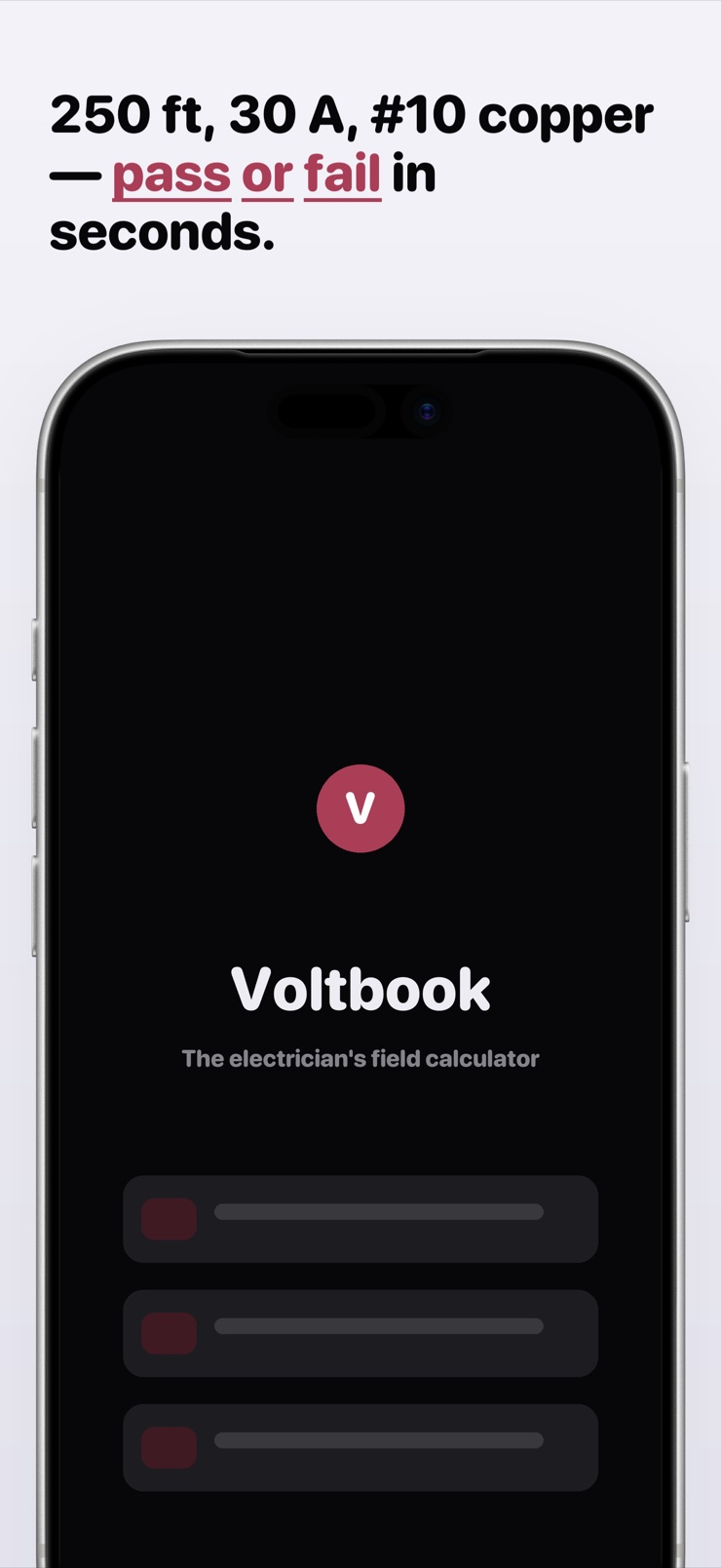 Voltage drop calculator showing a 250 ft, 30 A run with a pass or fail verdict