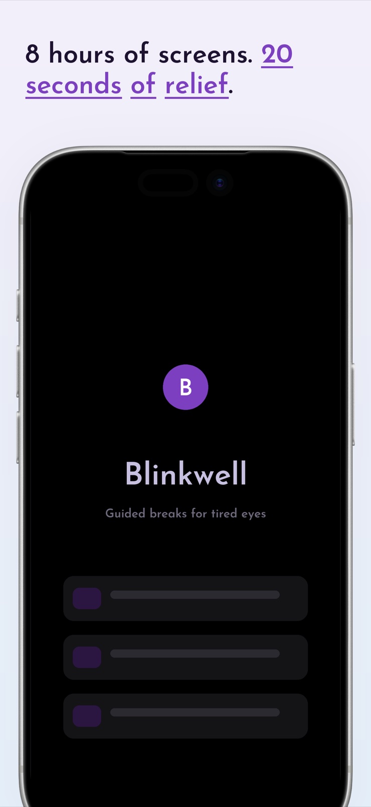 Blinkwell home screen with a glowing lotus and the 20-20-20 break countdown