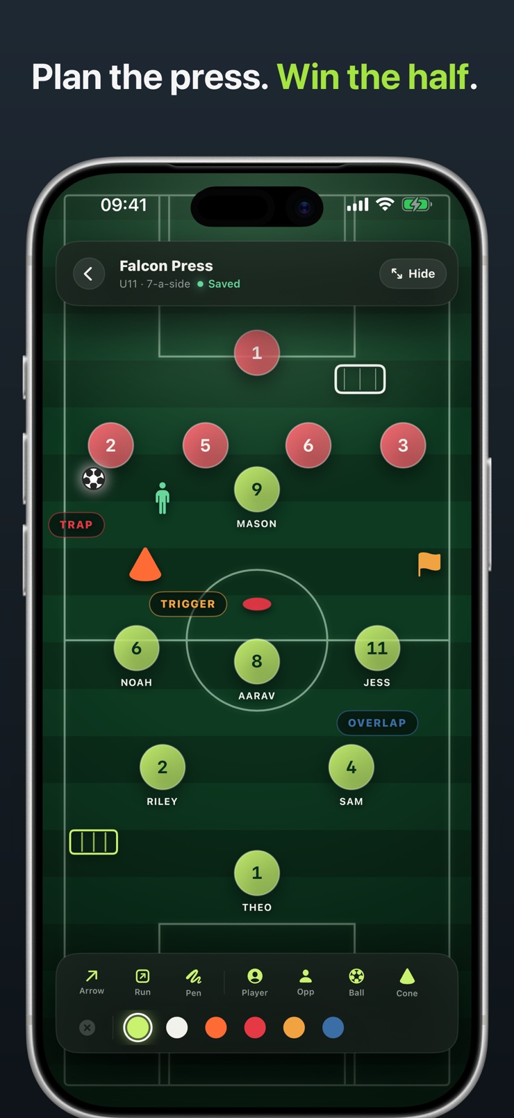 Football tactics board with named player chips, training equipment, and colored press labels