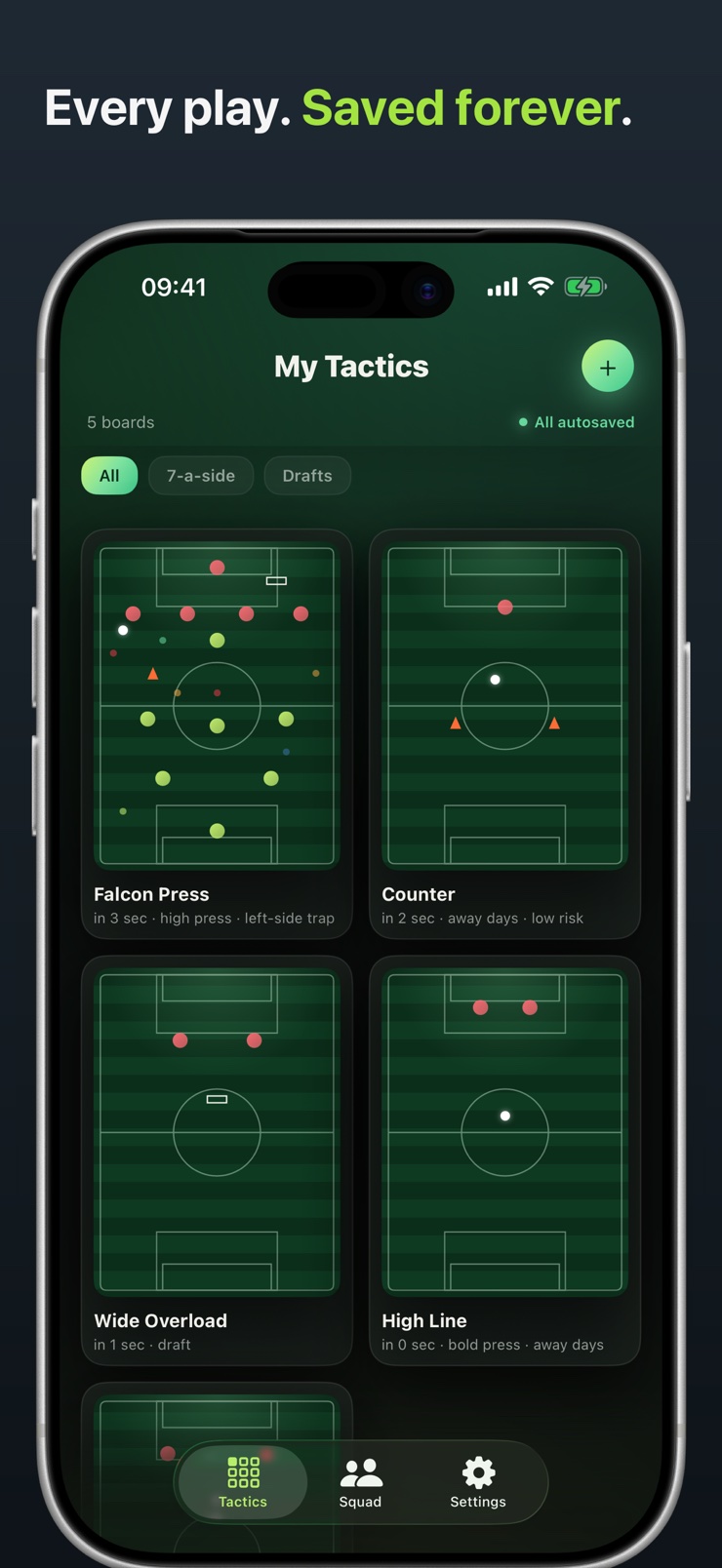 Tactic library showing every saved board with last-edited timestamps