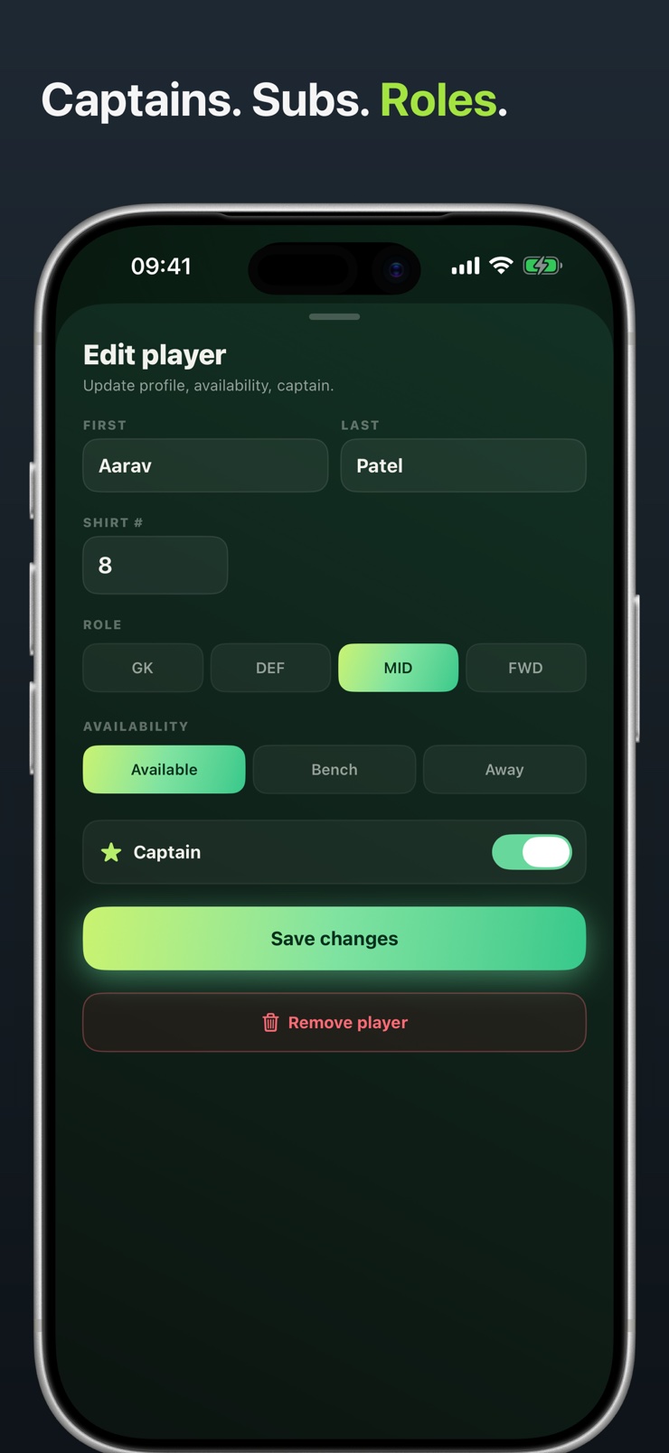 Player editor with role, availability, and captain marker