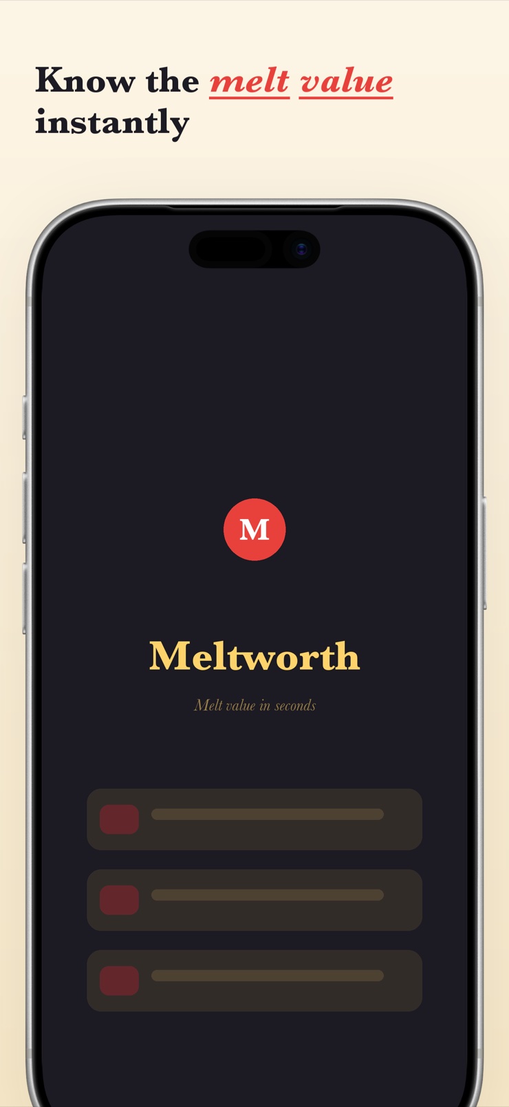 Meltworth showing the instant melt value of a gold lot at live spot price