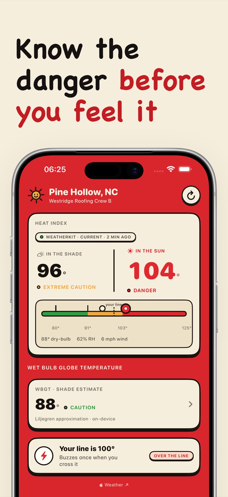 HeatLine home screen showing shade and full-sun heat index side by side