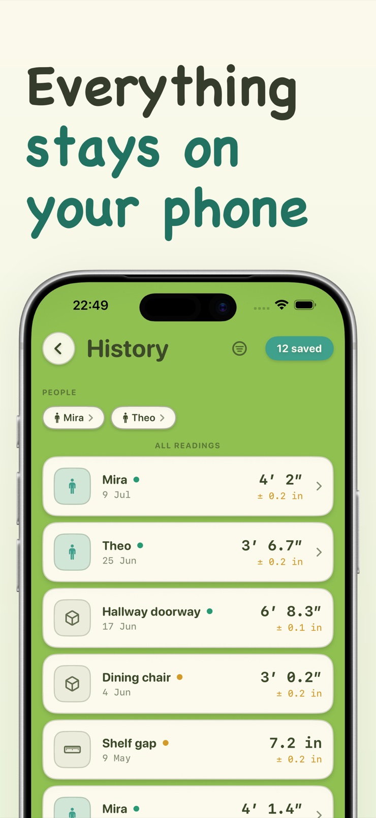 Saved measurement history with photos and timestamps