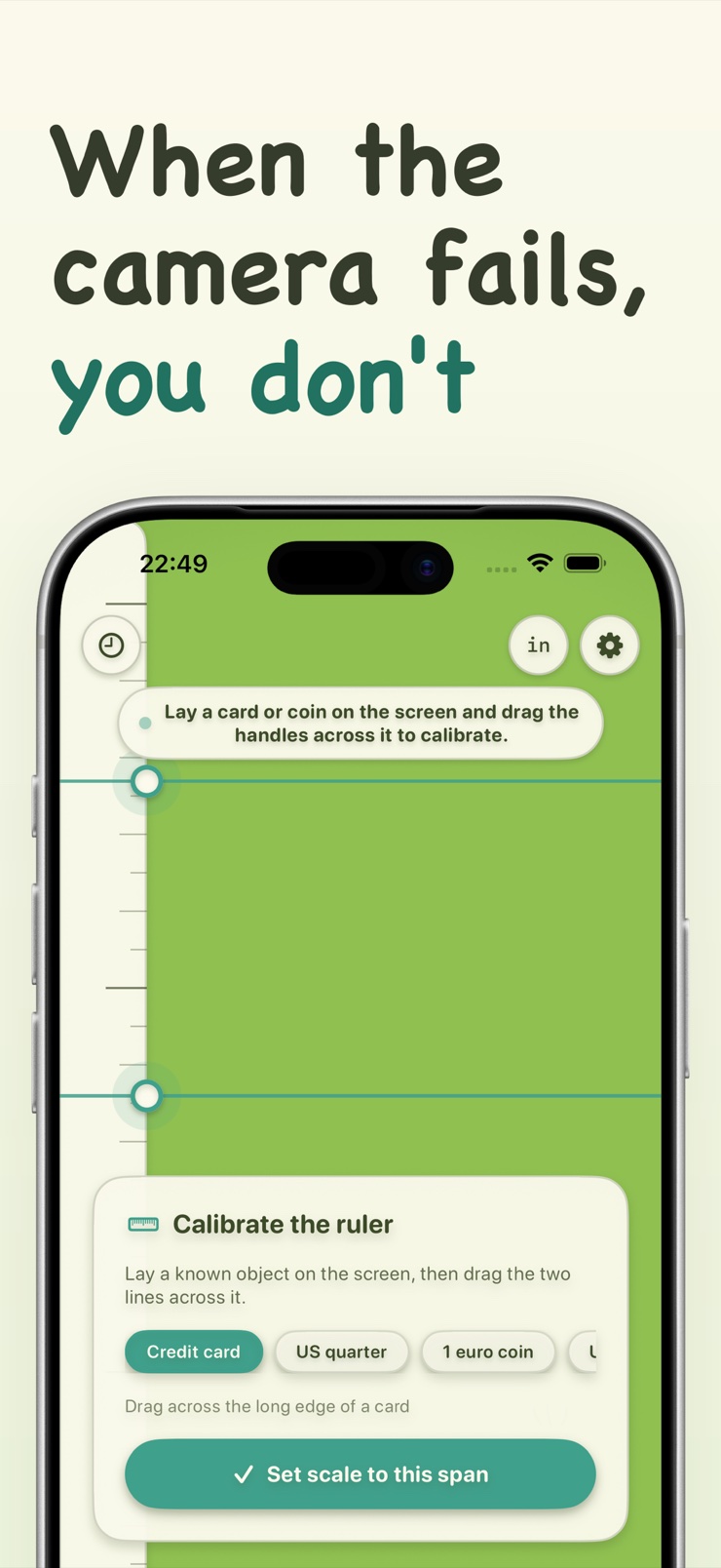 Manual on-screen ruler fallback when AR cannot lock on