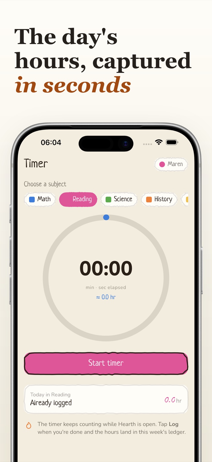 Homeschool year ledger showing subjects, hours, and attendance on iPhone