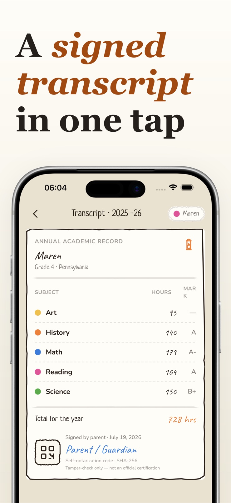 One-tap homeschool attendance and lesson timer on iPhone