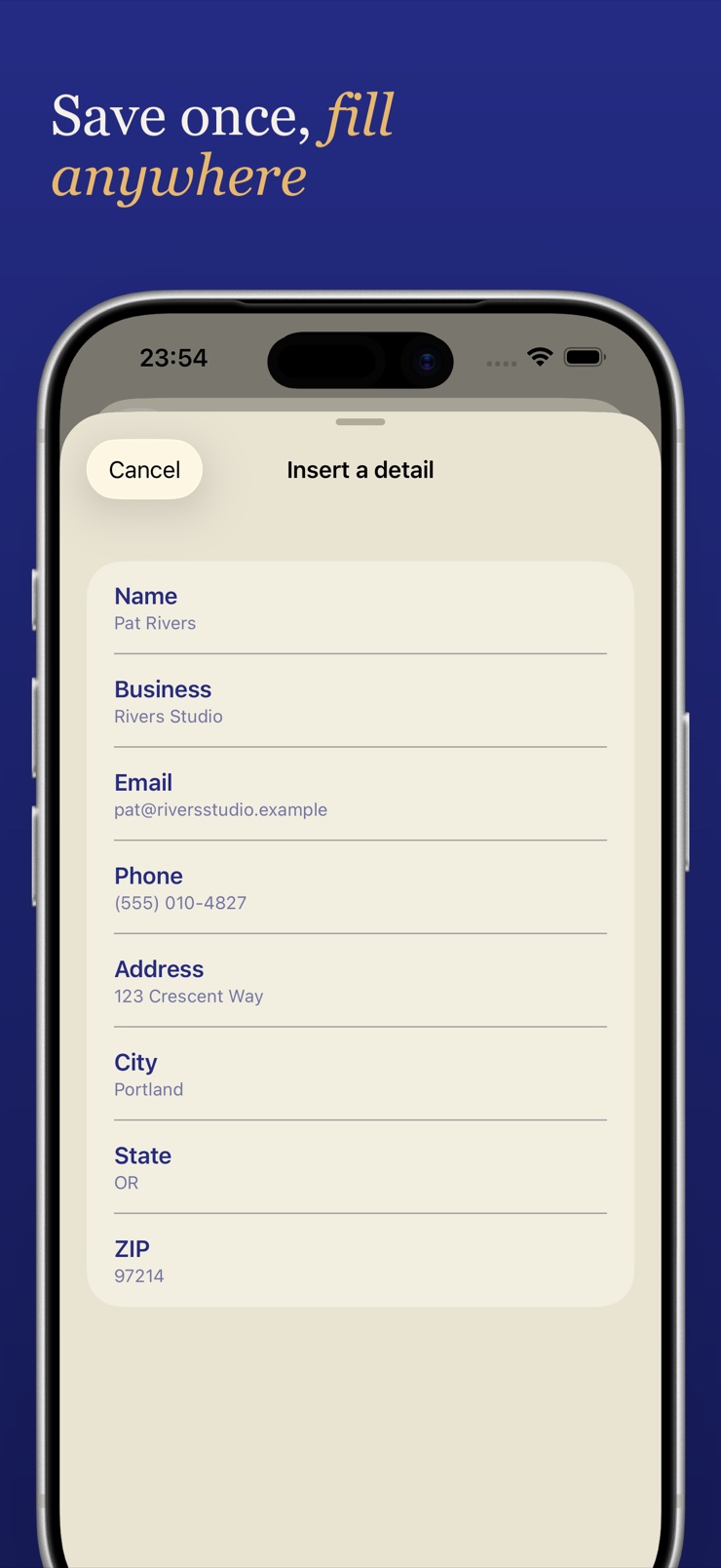 Saved personal details auto-filling a PDF form
