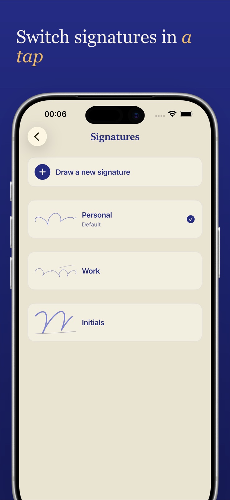 Signature library with saved signatures and initials in Inky