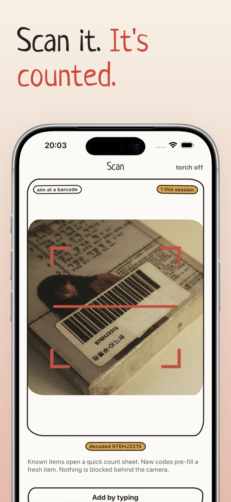 iPhone scanning a product barcode with the Stockpile inventory tracker
