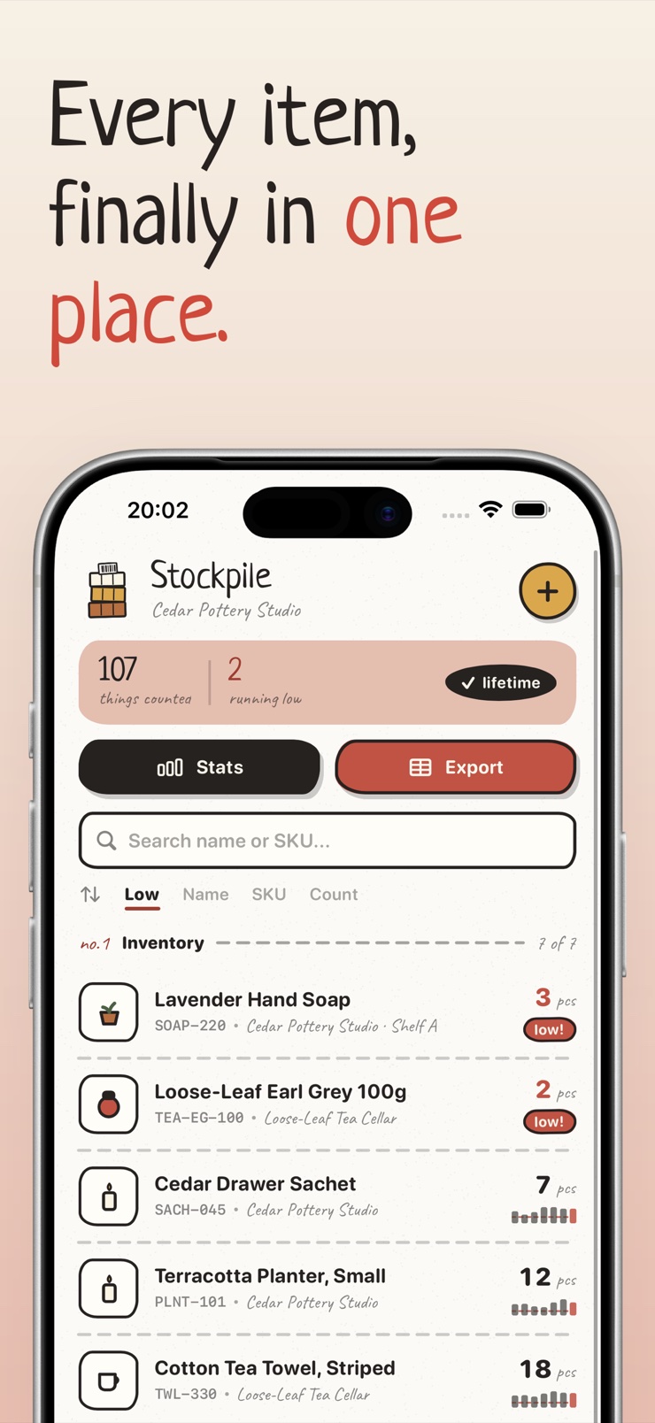 Inventory item list with counts and locations in Stockpile