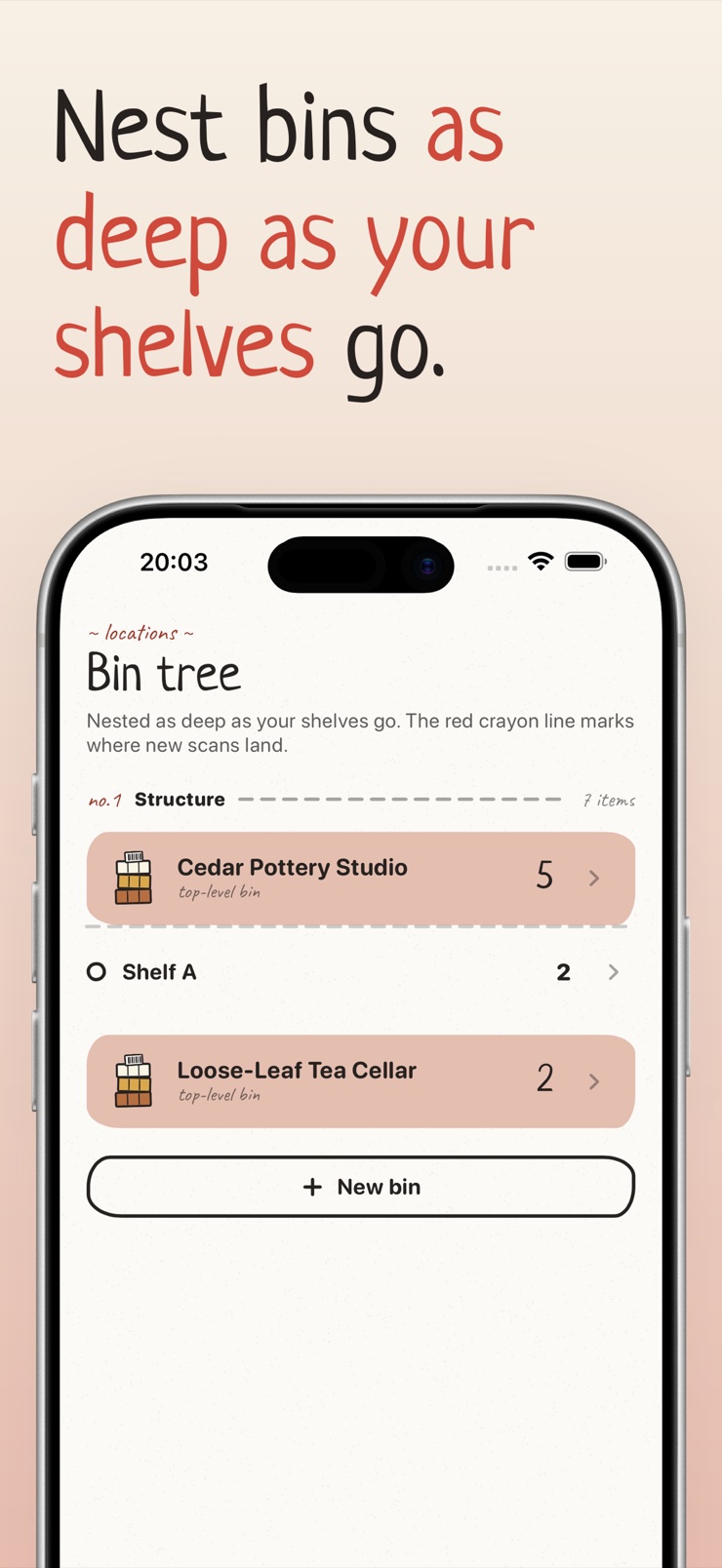 Nested storage locations with bins and shelves in Stockpile