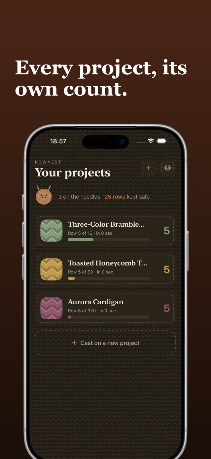 Project list with a separate row counter and colour for each knitting project in RowNest