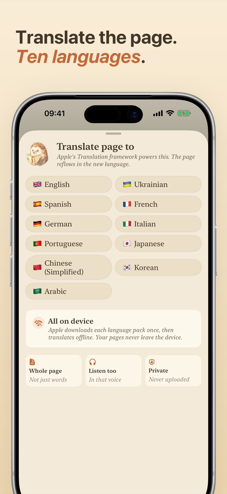 Quill Listen mode reading an ebook aloud with voice options on iPhone
