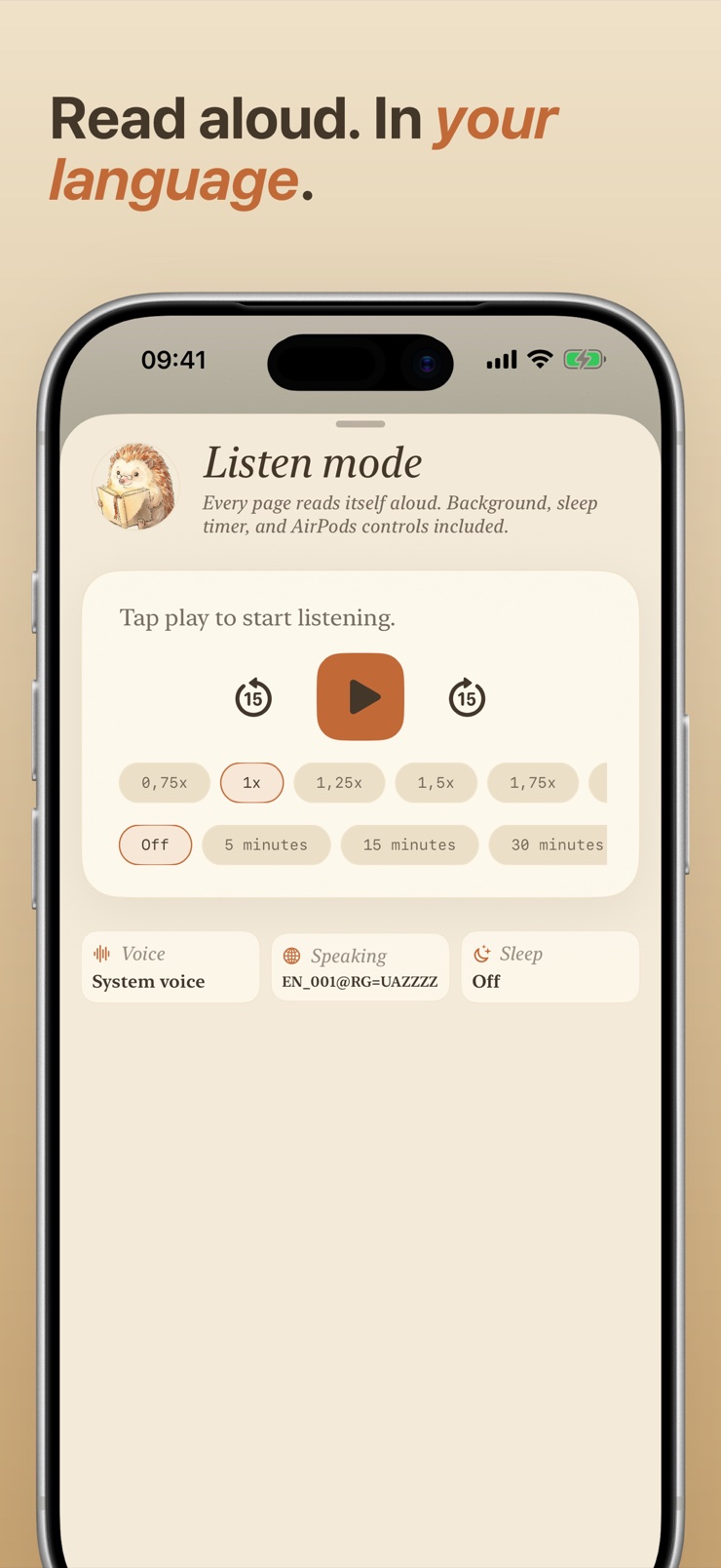 A book page in Quill's cozy EPUB reader with warm paper theme on iPhone