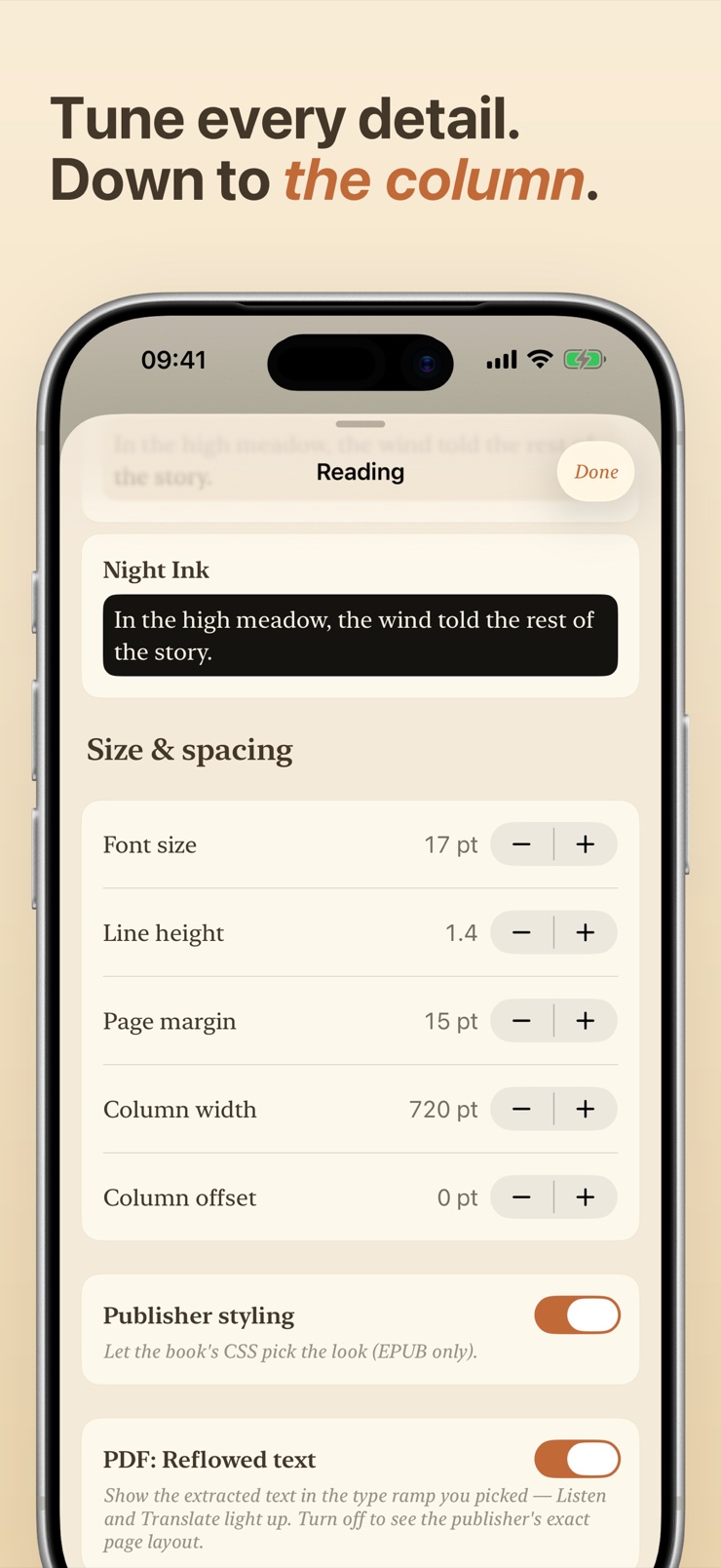 Quill reading settings tuning text size, spacing, and column width