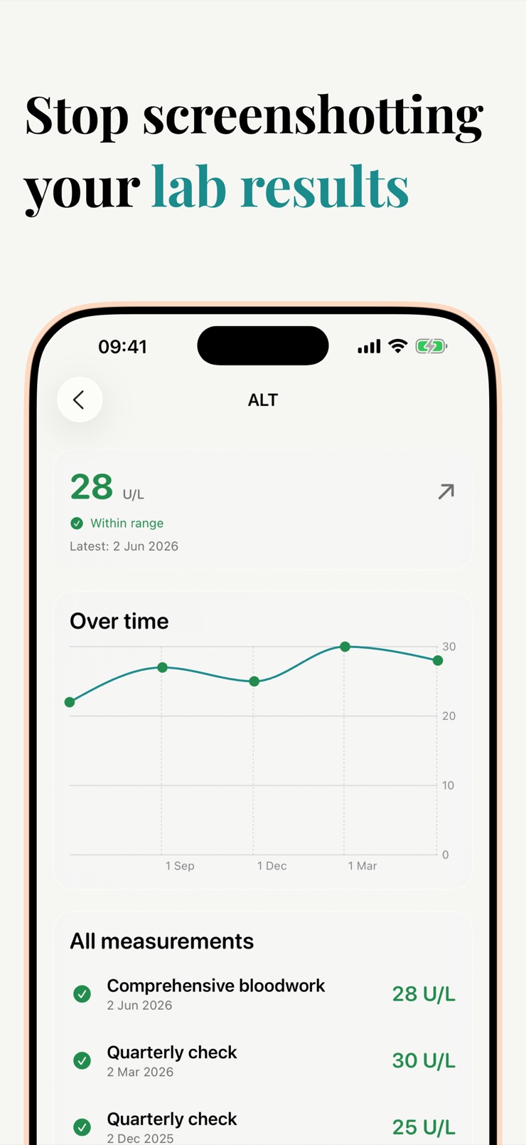 Medical Records app home screen showing a timeline of lab results and doctor visits on iPhone