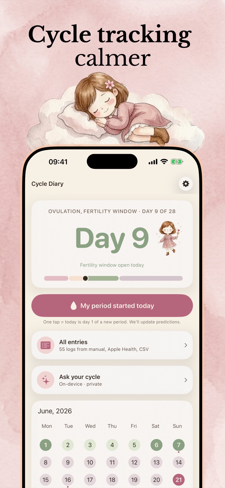 Period tracker dashboard on iPhone showing current cycle day and next period prediction
