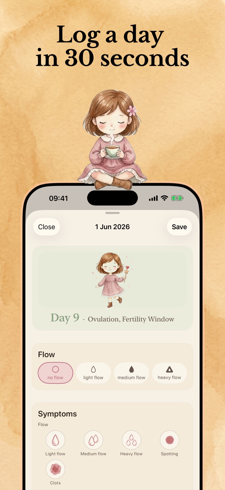 Month calendar with predicted period, ovulation, and fertile days highlighted