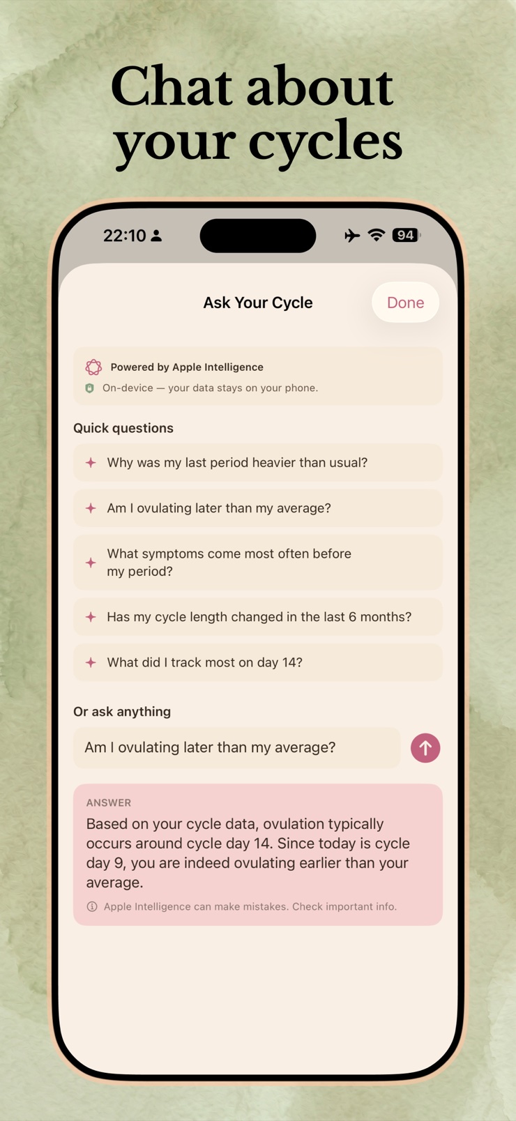 Day detail view for logging flow, symptoms, and notes
