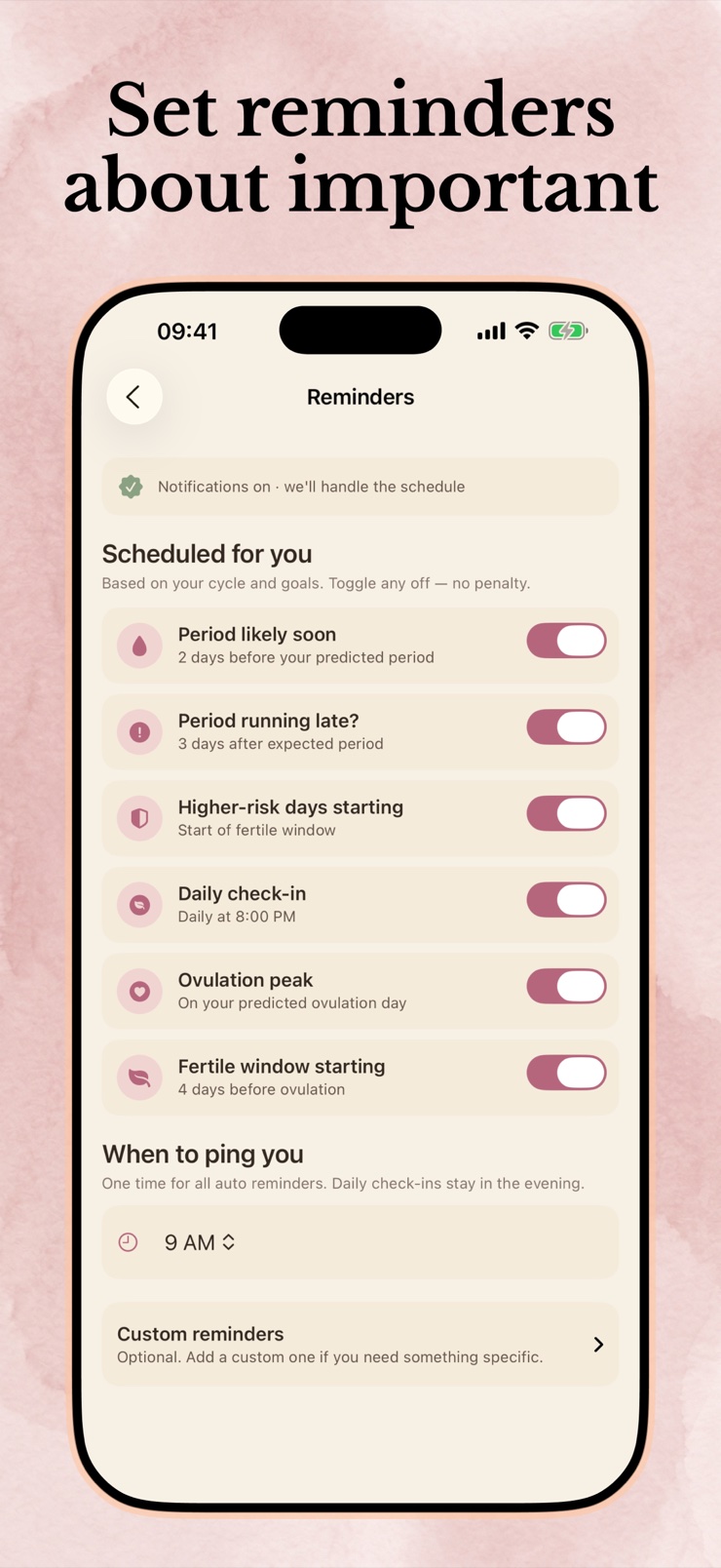 Cycle reminders settings screen