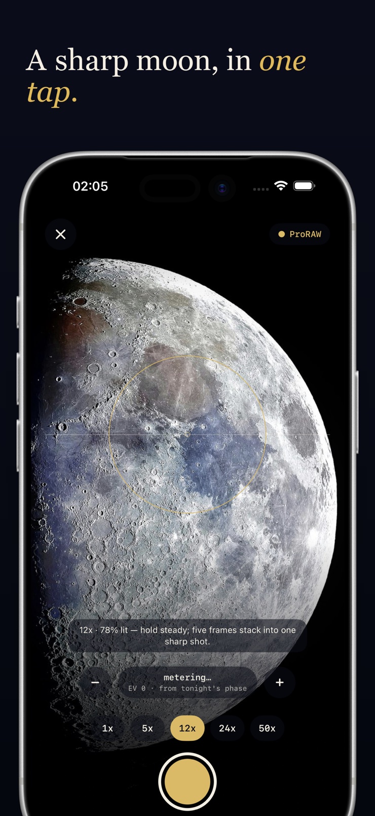 Sharp handheld moon photo in the Lunark viewfinder with ProRAW at 12x zoom
