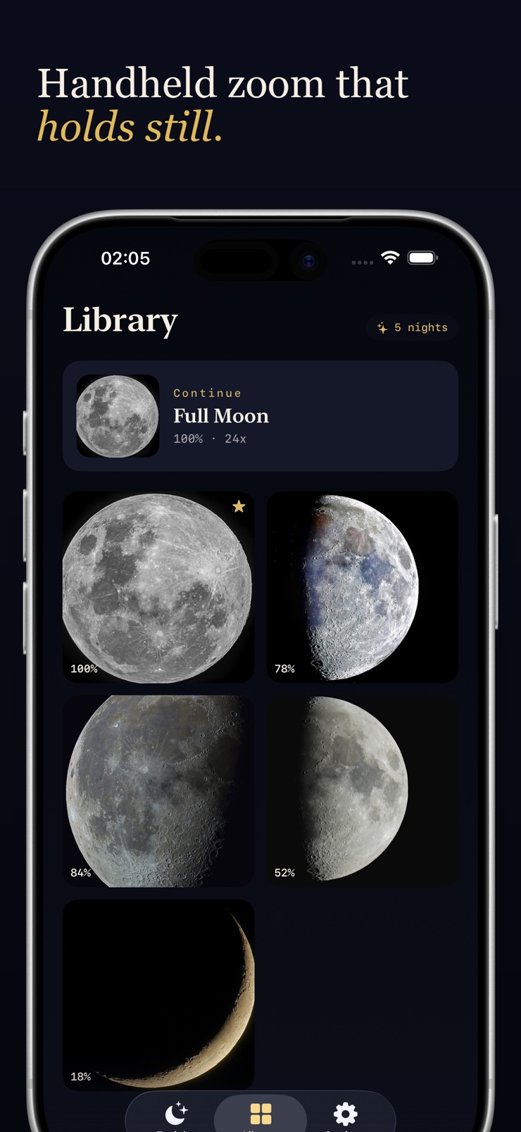 Library of stacked moon photos across different phases in Lunark