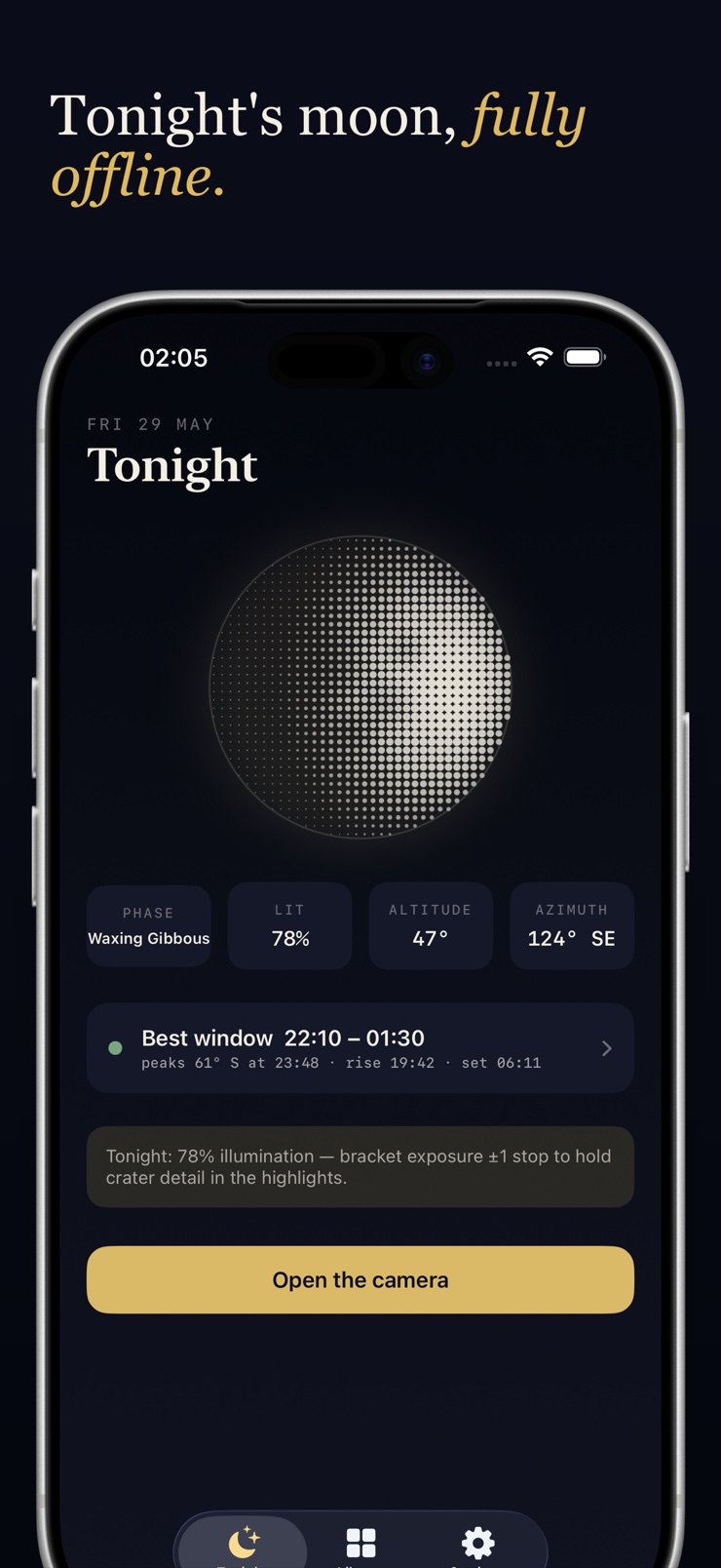 Tonight view with moon phase, illumination, altitude, and azimuth working offline