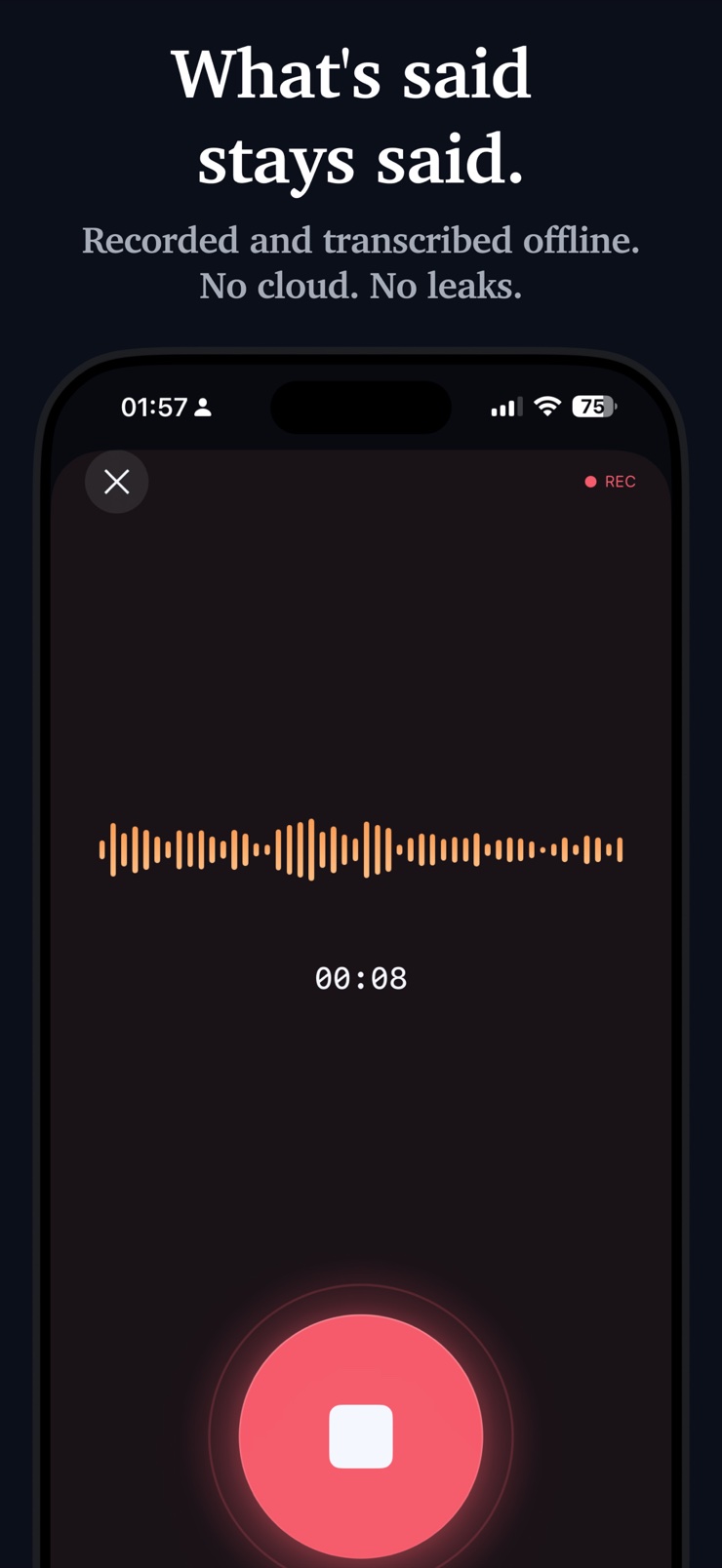 Recording detail showing on-device transcript, summary, key decisions, and action items