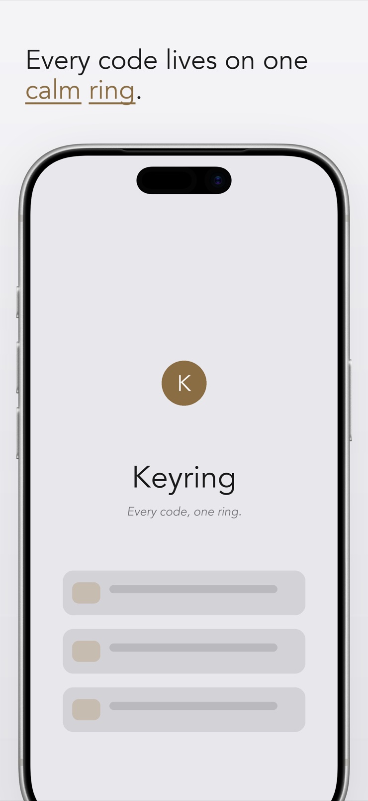 Keyring 2FA token list with countdown rings on iPhone