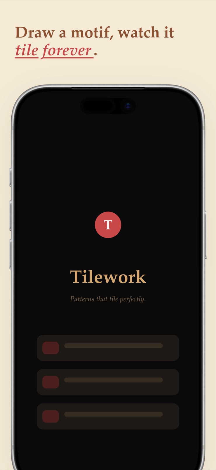Tilework seamless pattern maker on iPhone showing a hand-drawn motif tiling live in a half-drop repeat