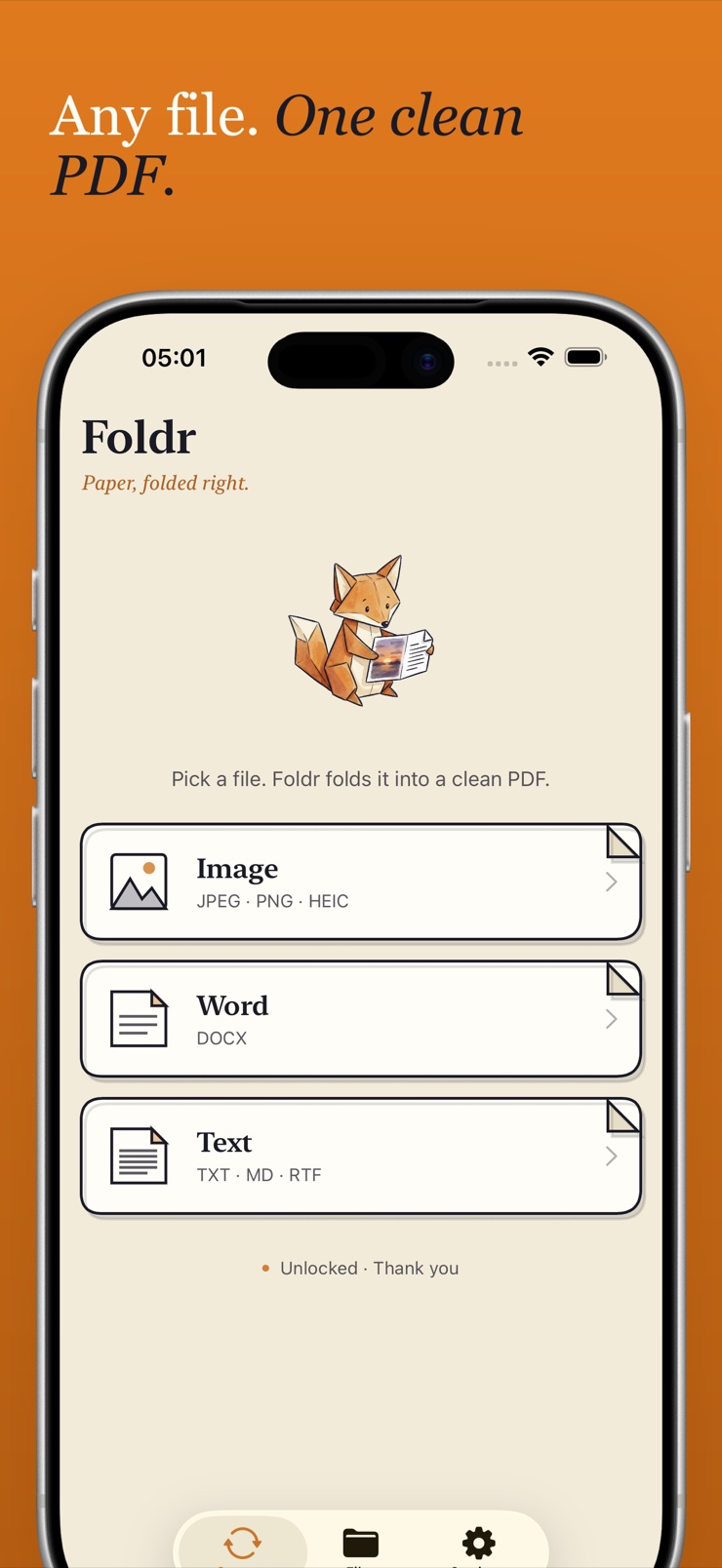 Foldr convert screen turning a photo into a clean PDF on iPhone