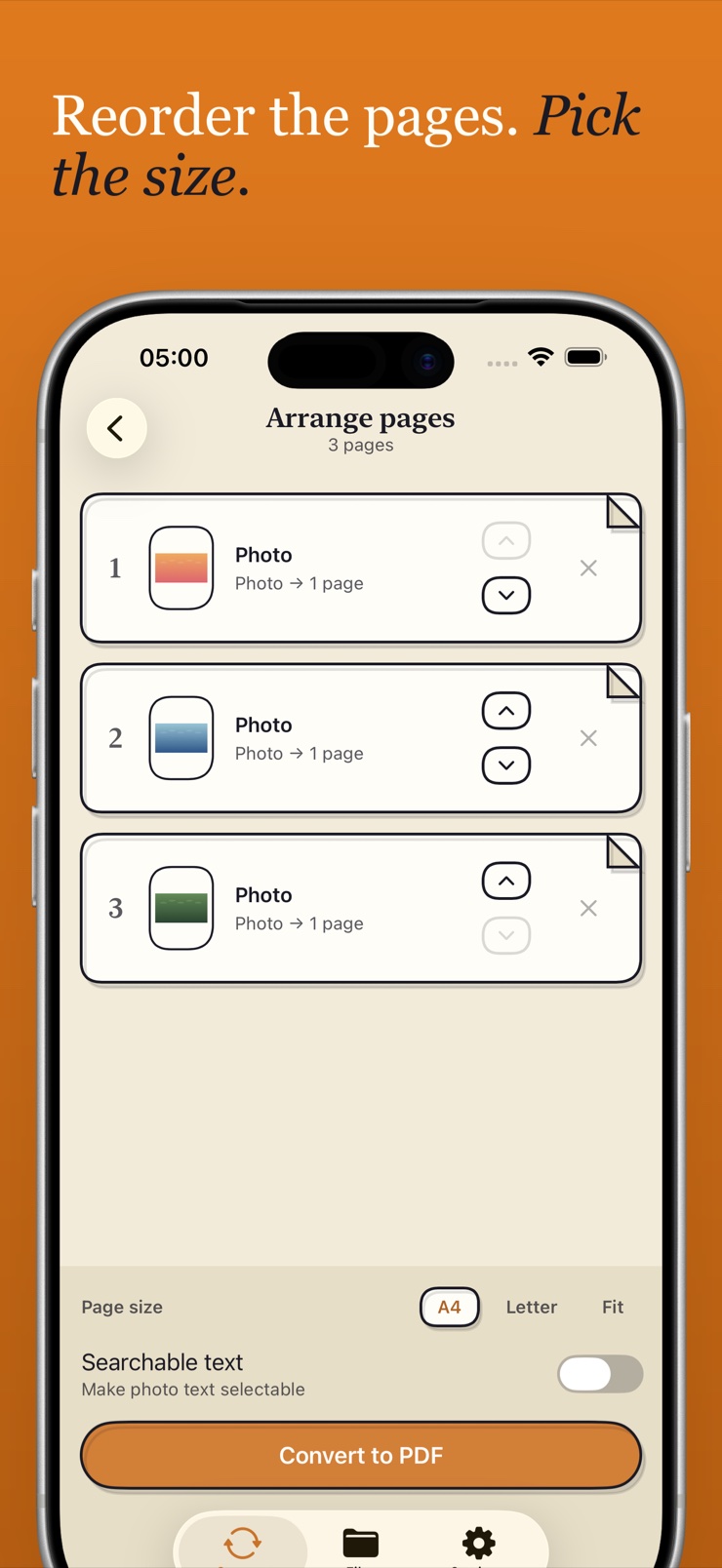Arrange screen reordering PDF pages and picking A4 or Letter size
