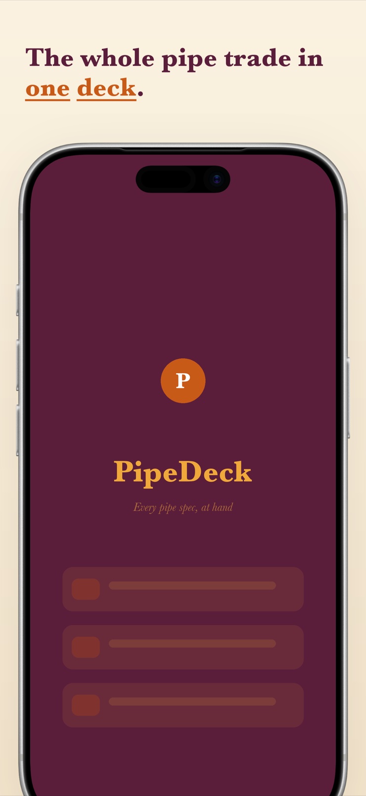 PipeDeck reference card showing Schedule 40 pipe OD, wall, ID and weight