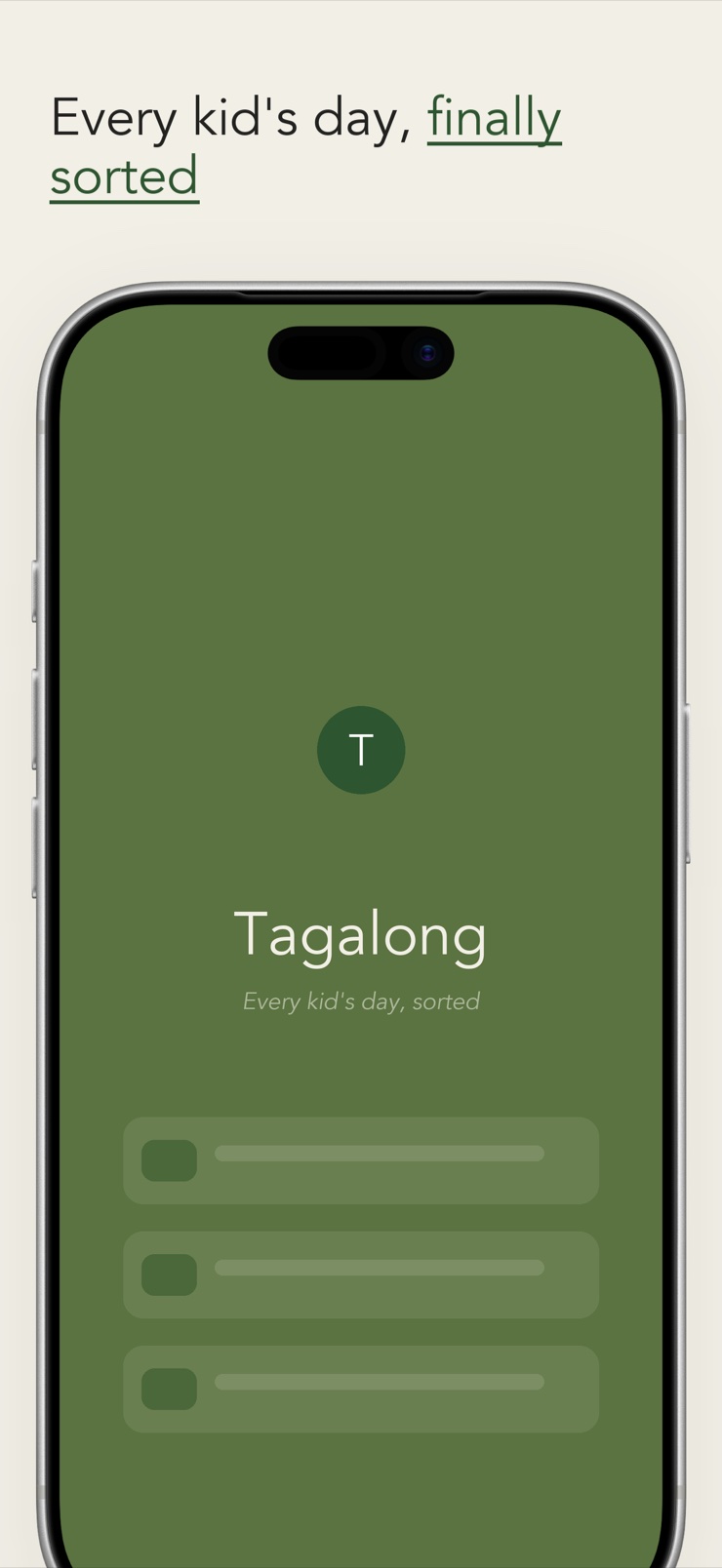 Tagalong kids activity planner on iPhone showing one child's daily schedule with a what-to-bring checklist and leave-by reminder